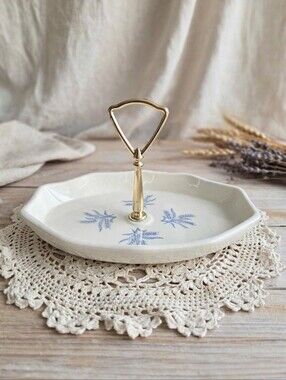 Vintage Mid-Century USA Pottery Blue Wheat Tidbit Tray with Gold Handle